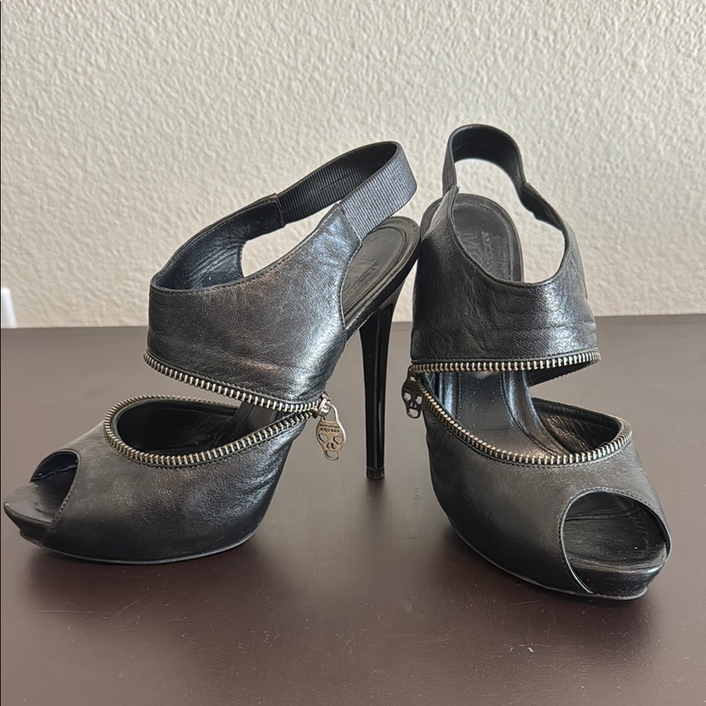 Alexander McQueen Black Peep-Toe Heels with Zipper Detail